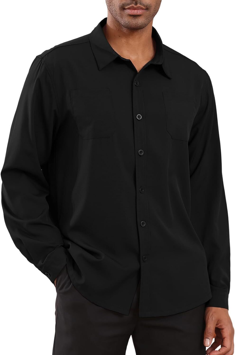 8-park Mens Fashion Dress Shirts Solid Color Long Sleeve Regular Fit Casual Button Down Shirts with Two Chest Pockets