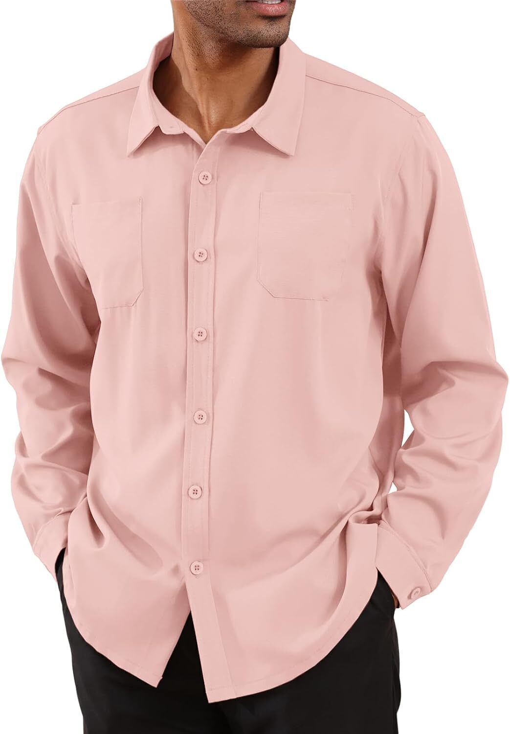 8-park Mens Fashion Dress Shirts Solid Color Long Sleeve Regular Fit Casual Button Down Shirts with Two Chest Pockets