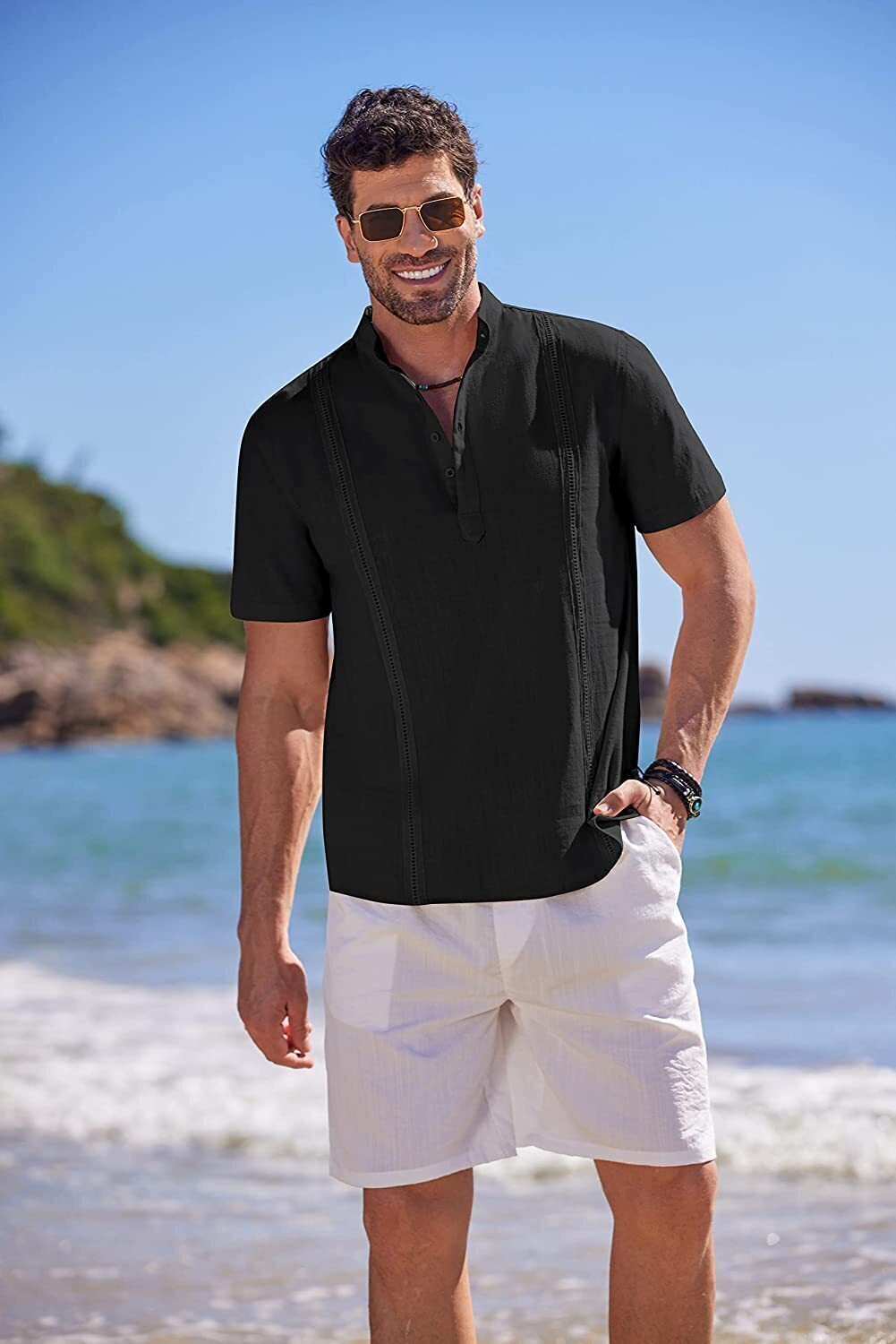 8-Pack Men's Cotton Linen Henley Shirt Short Sleeve Cuban Shirt Hippie Casual Beach Band Collar T Shirts💖Buy two packs for free shipping💖