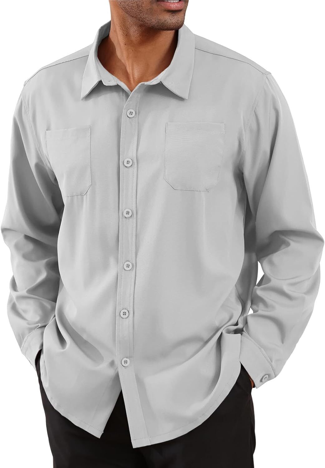 8-park Mens Fashion Dress Shirts Solid Color Long Sleeve Regular Fit Casual Button Down Shirts with Two Chest Pockets