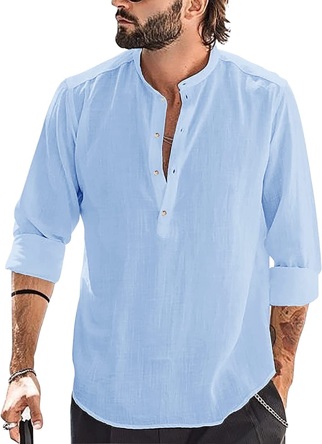 6-Pack Mens Linen Henley Shirt Casual Long Sleeve T-Shirt Summer Beach Plain Tee Tops💖Buy two packs for free shipping💖