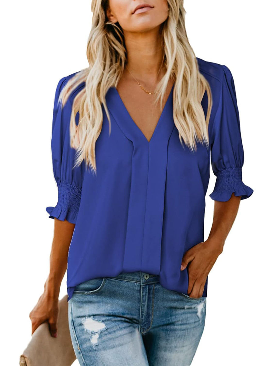 Limited time sale🔥Women's V Neck Dressy Puff Ruffle Blouse Casual Short Sleeve Tops(BUY 2 FREE SHIPPING)