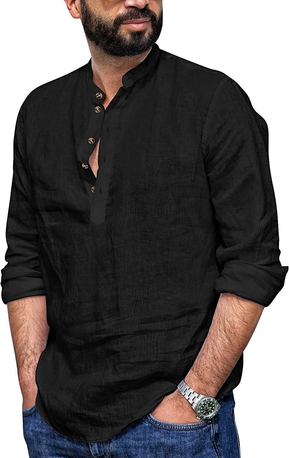 6-Pack Mens Linen Henley Shirt Casual Long Sleeve T-Shirt Summer Beach Plain Tee Tops💖Buy two packs for free shipping💖