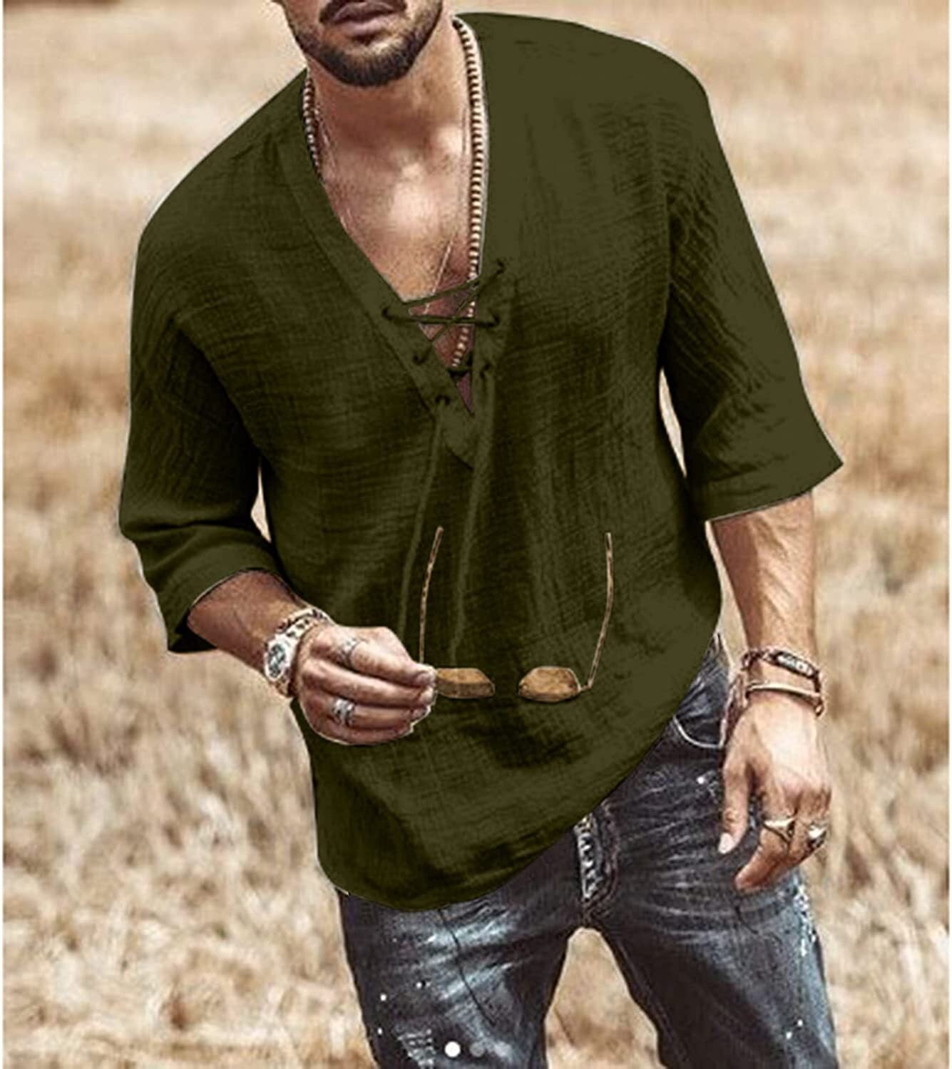 6 PACK Men's Fashion Shirt Short Sleeve Beach V-Neck Drawstring Printing Yoga African Summer Top🧡Buy two packs for free shipping🧡
