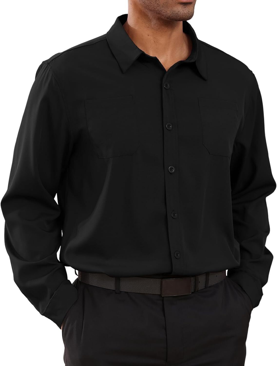 8-park Mens Fashion Dress Shirts Solid Color Long Sleeve Regular Fit Casual Button Down Shirts with Two Chest Pockets
