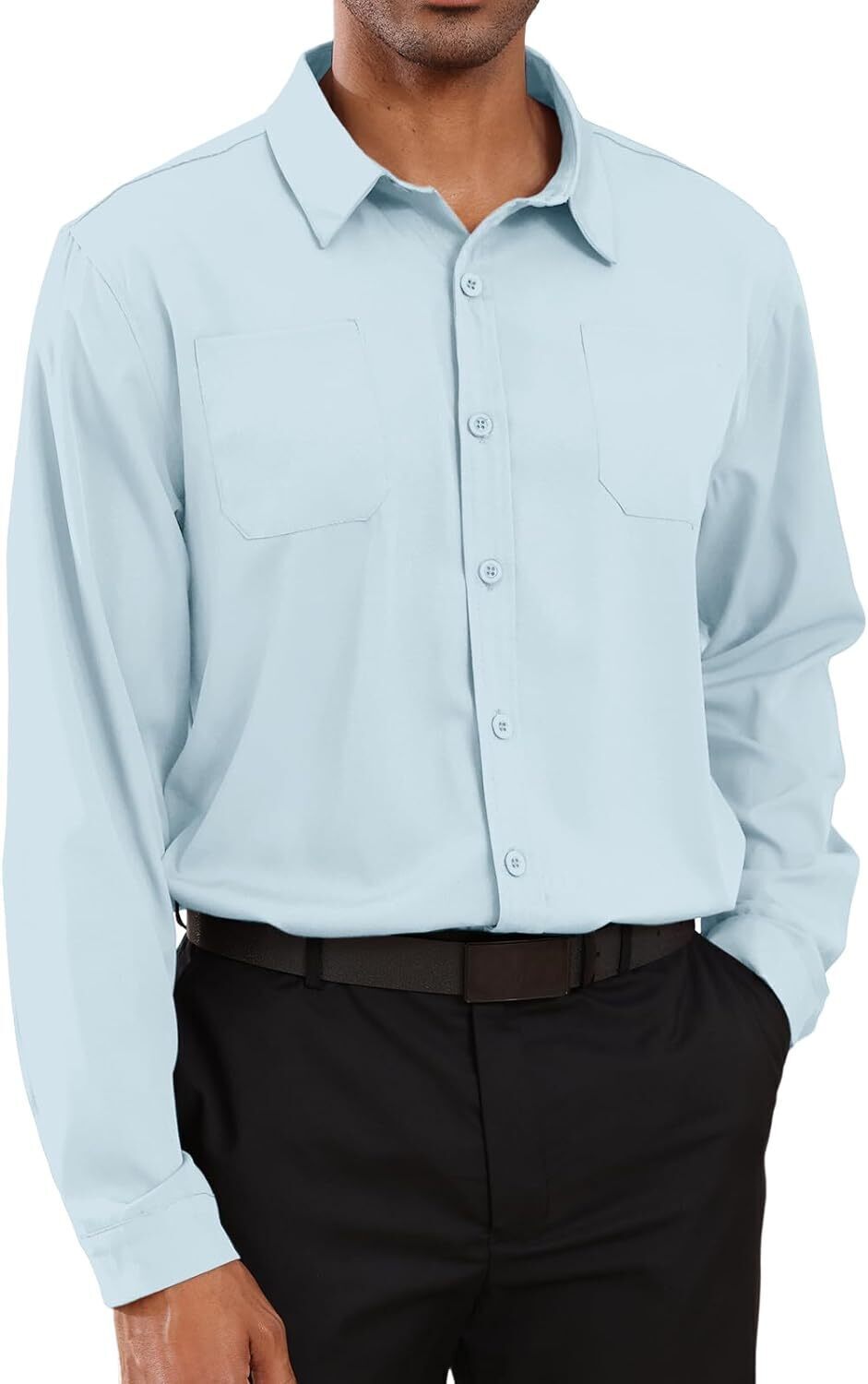 8-park Mens Fashion Dress Shirts Solid Color Long Sleeve Regular Fit Casual Button Down Shirts with Two Chest Pockets