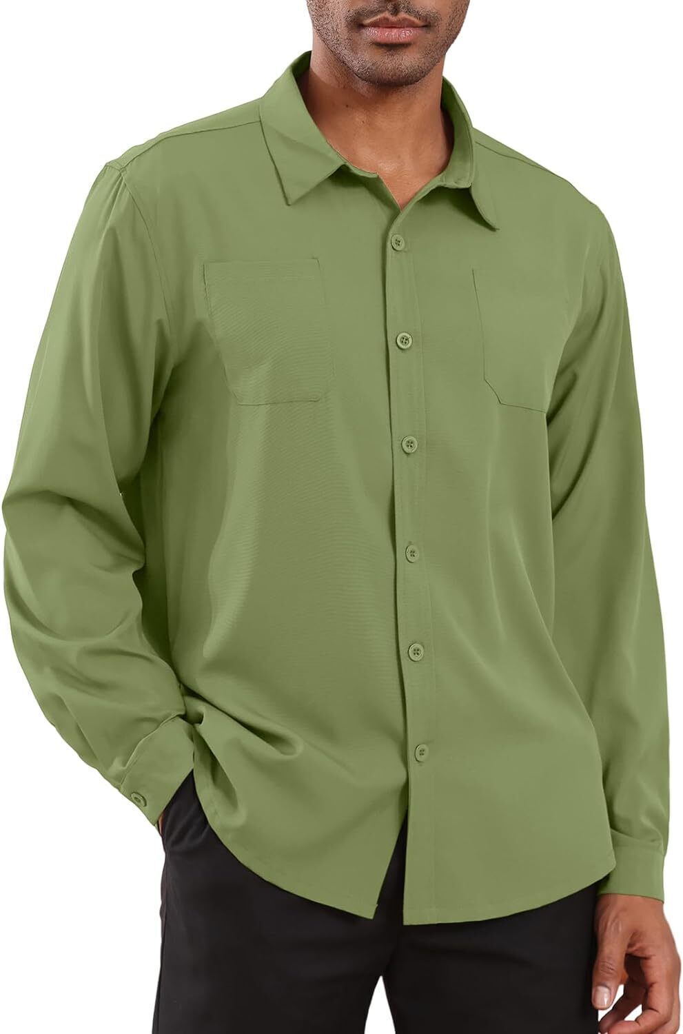 8-park Mens Fashion Dress Shirts Solid Color Long Sleeve Regular Fit Casual Button Down Shirts with Two Chest Pockets