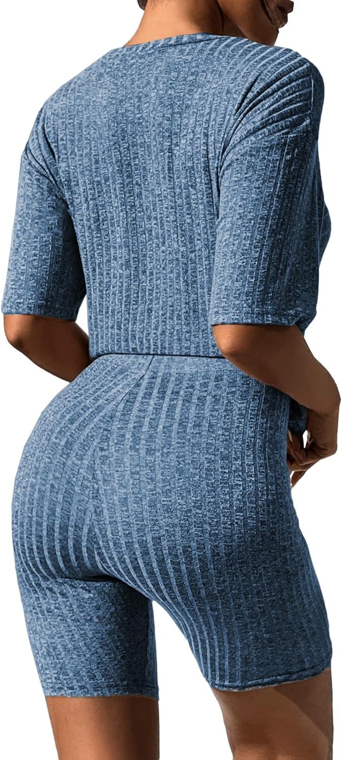 2 Piece Lounge Sets Ribbed Knit Matching Outfits T-shirt Biker Shorts Sleepwear Loungewear Sweatsuits