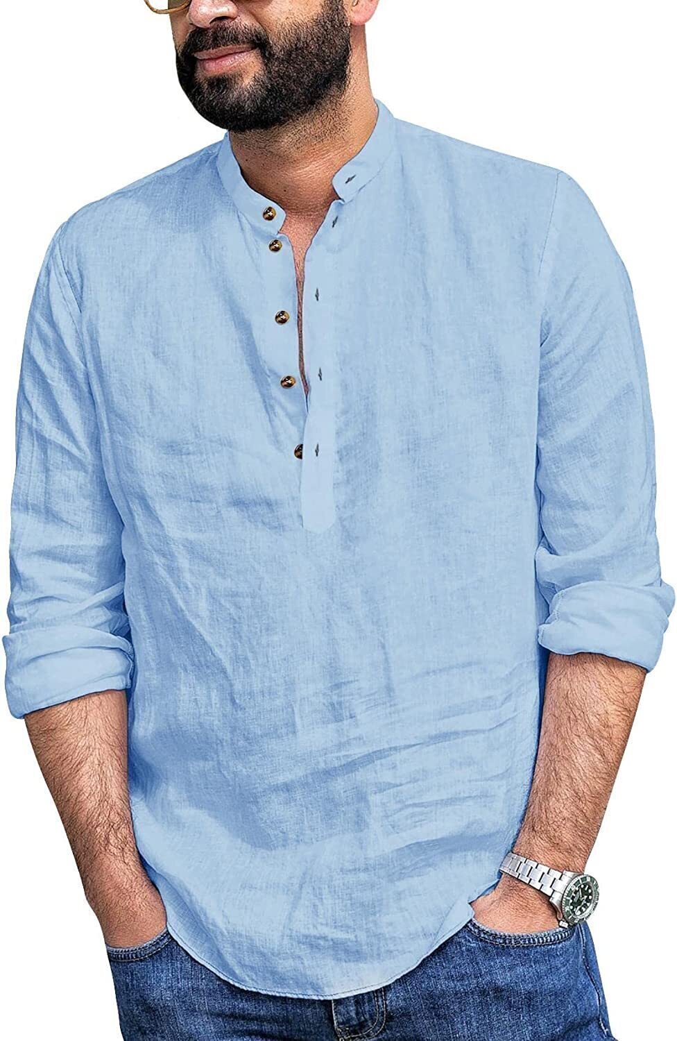 6-Pack Mens Linen Henley Shirt Casual Long Sleeve T-Shirt Summer Beach Plain Tee Tops💖Buy two packs for free shipping💖