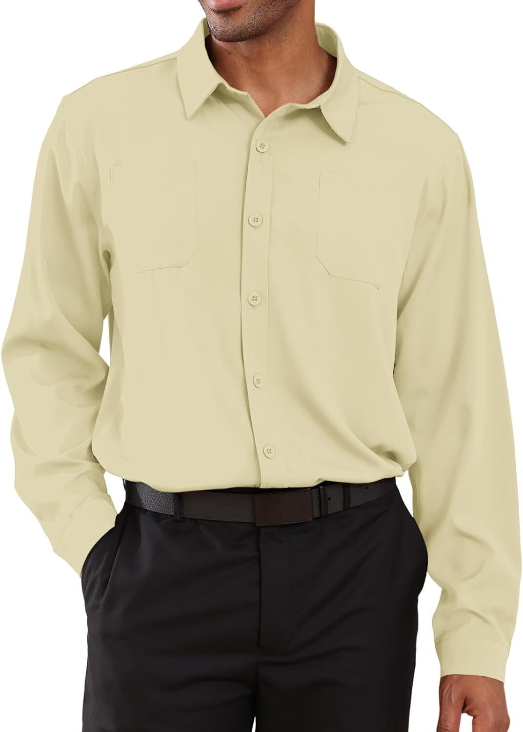 8-park Mens Fashion Dress Shirts Solid Color Long Sleeve Regular Fit Casual Button Down Shirts with Two Chest Pockets