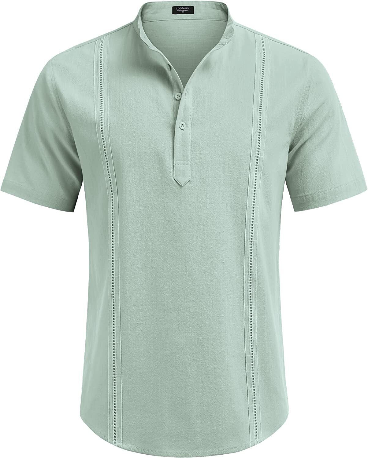 8-Pack Men's Cotton Linen Henley Shirt Short Sleeve Cuban Shirt Hippie Casual Beach Band Collar T Shirts💖Buy two packs for free shipping💖