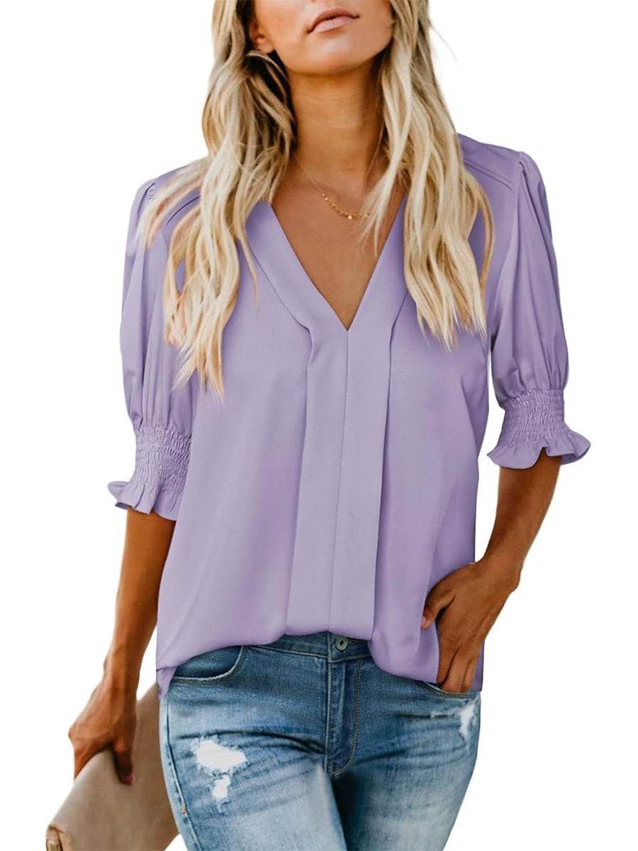 Limited time sale🔥Women's V Neck Dressy Puff Ruffle Blouse Casual Short Sleeve Tops(BUY 2 FREE SHIPPING)