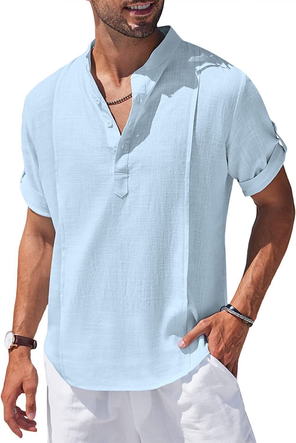 8-Pack Men's Linen Henley Shirt Casual Beach Hippie Shirts Short Sleeve T Shirts💖Buy two packs for free shipping💖