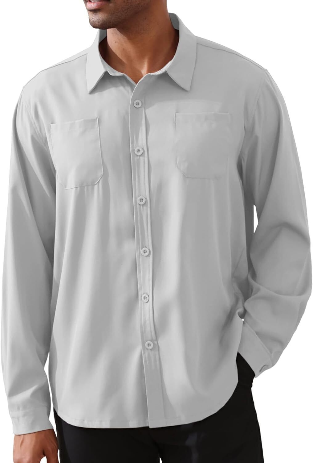 8-park Mens Fashion Dress Shirts Solid Color Long Sleeve Regular Fit Casual Button Down Shirts with Two Chest Pockets