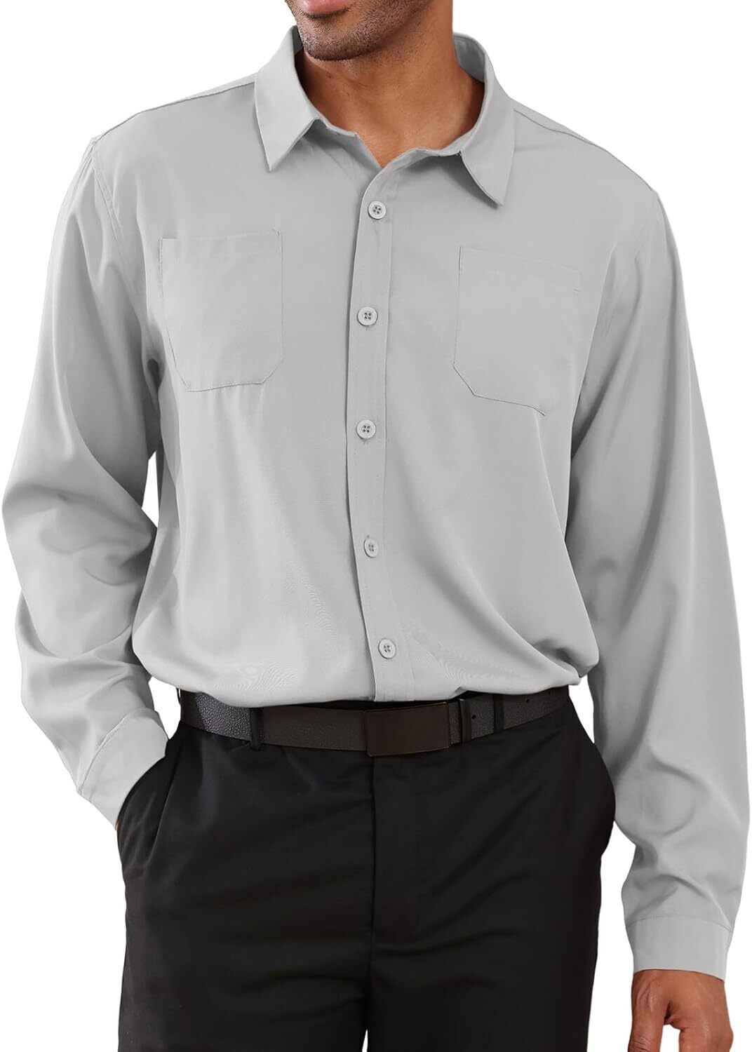 8-park Mens Fashion Dress Shirts Solid Color Long Sleeve Regular Fit Casual Button Down Shirts with Two Chest Pockets