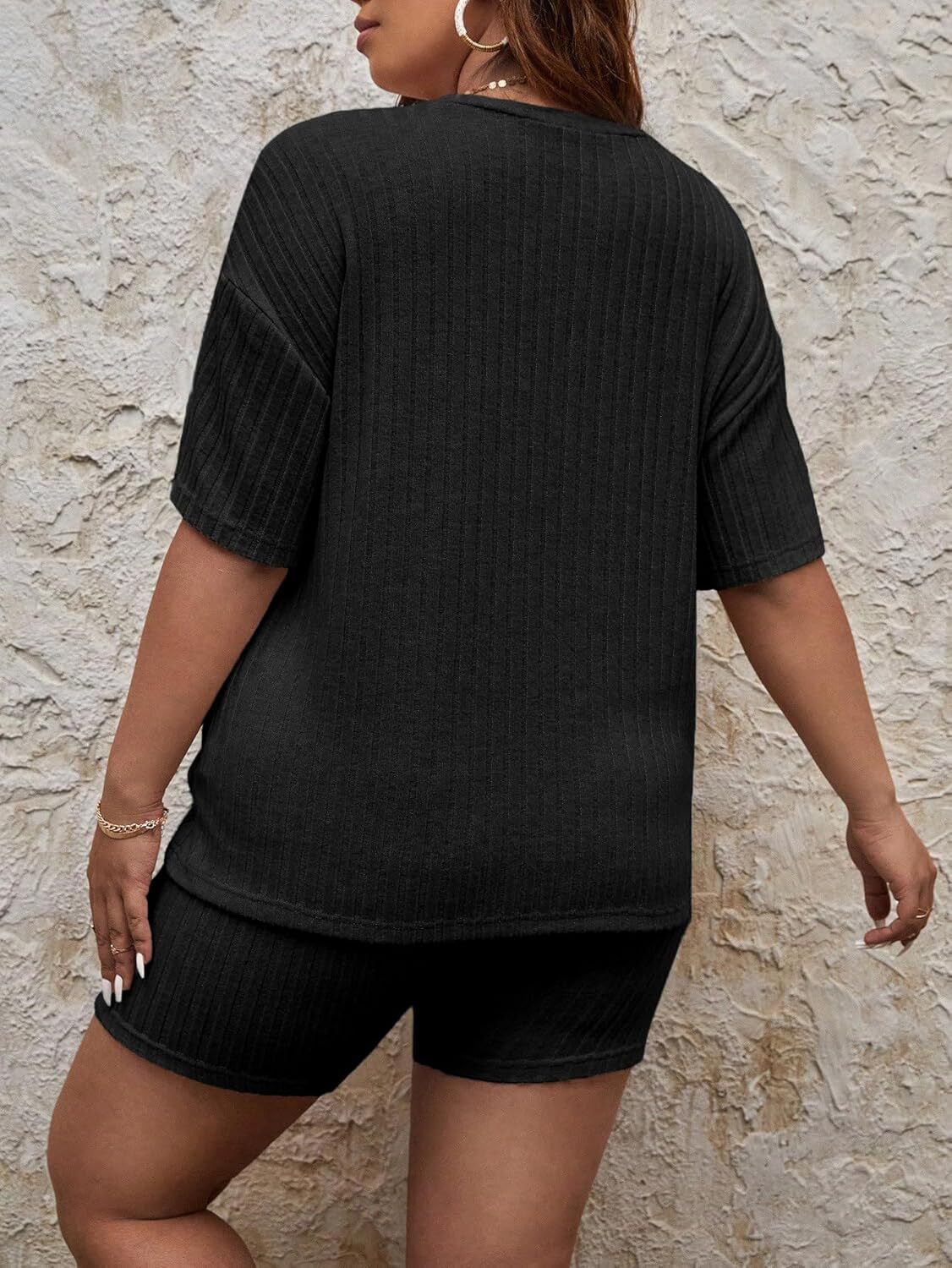 2 Piece Lounge Sets Ribbed Knit Matching Outfits T-shirt Biker Shorts Sleepwear Loungewear Sweatsuits