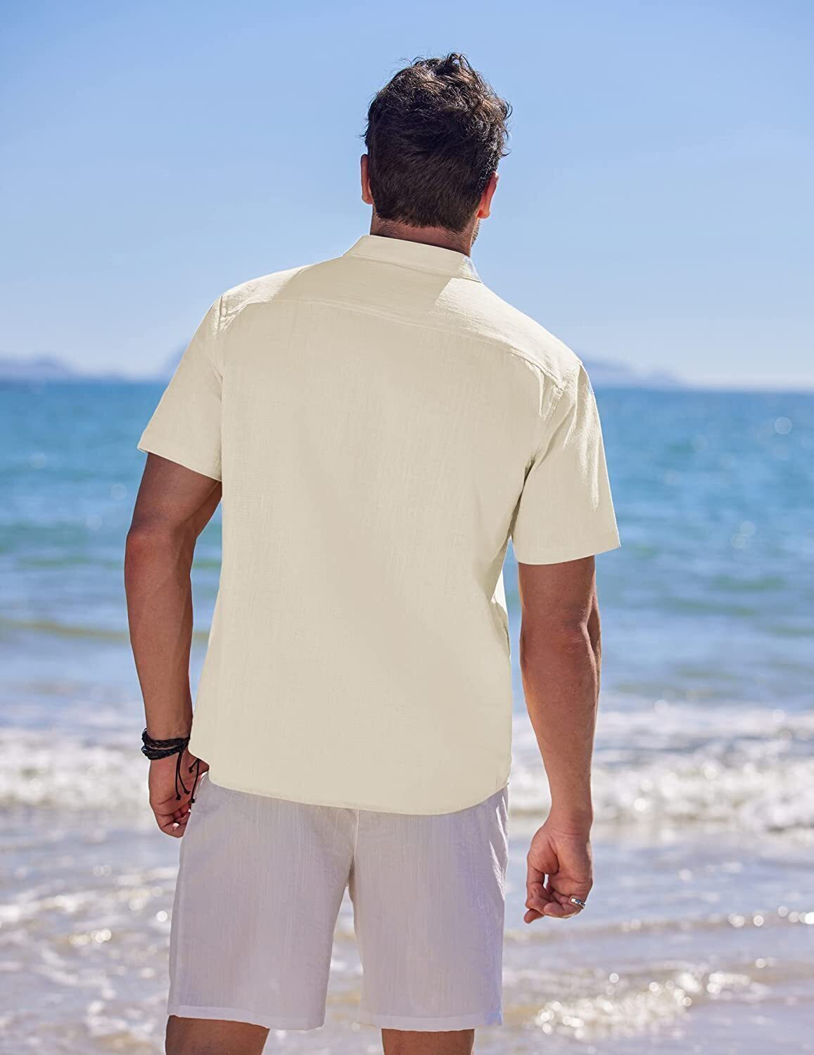 8-Pack Men's Cotton Linen Henley Shirt Short Sleeve Cuban Shirt Hippie Casual Beach Band Collar T Shirts💖Buy two packs for free shipping💖