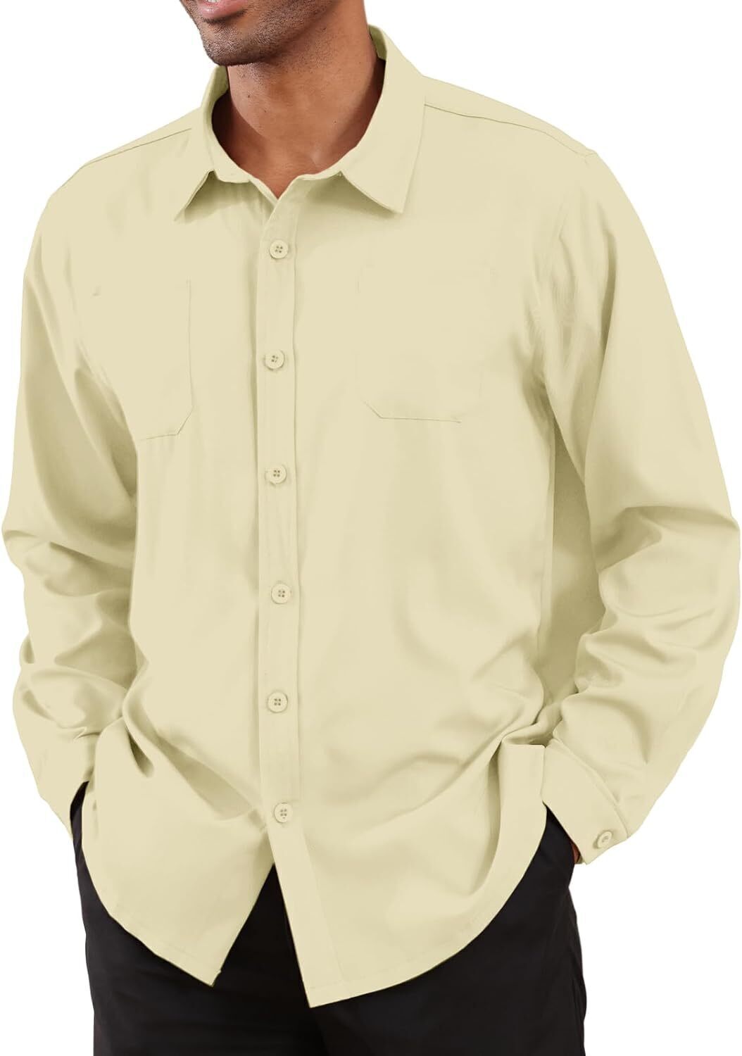 8-park Mens Fashion Dress Shirts Solid Color Long Sleeve Regular Fit Casual Button Down Shirts with Two Chest Pockets