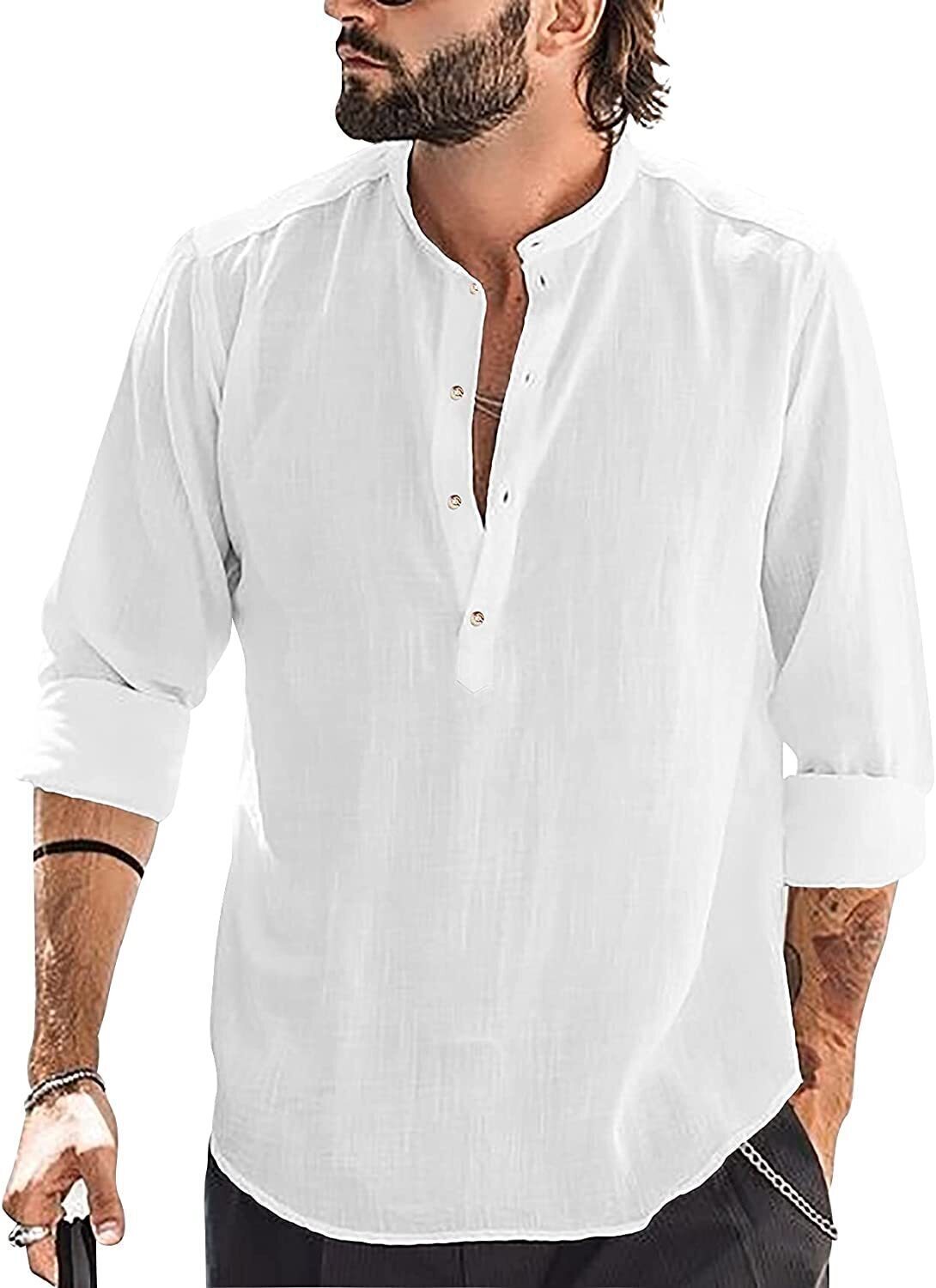 6-Pack Mens Linen Henley Shirt Casual Long Sleeve T-Shirt Summer Beach Plain Tee Tops💖Buy two packs for free shipping💖