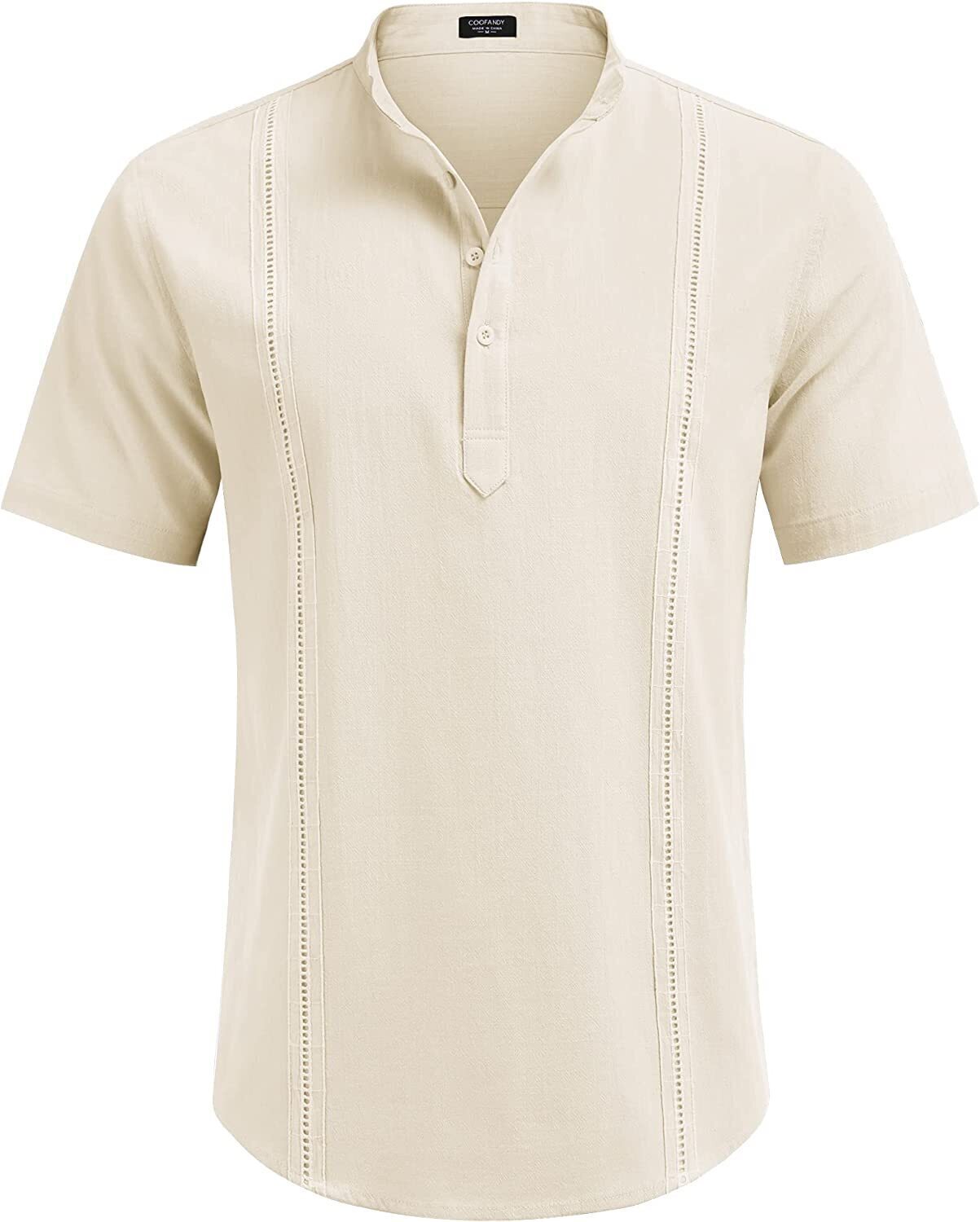 8-Pack Men's Cotton Linen Henley Shirt Short Sleeve Cuban Shirt Hippie Casual Beach Band Collar T Shirts💖Buy two packs for free shipping💖