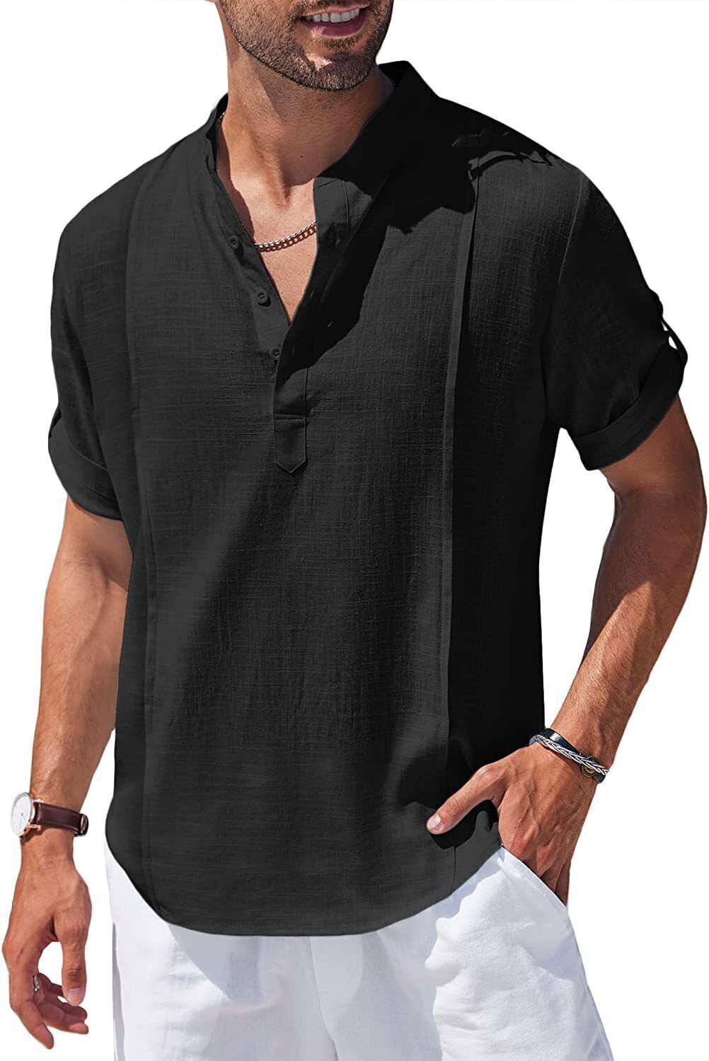 8-Pack Men's Linen Henley Shirt Casual Beach Hippie Shirts Short Sleeve T Shirts💖Buy two packs for free shipping💖