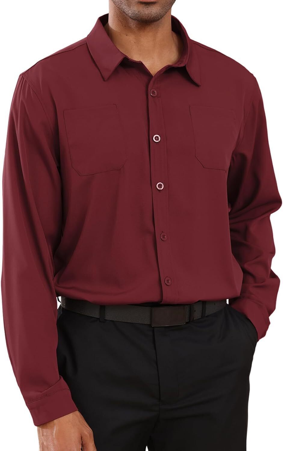 8-park Mens Fashion Dress Shirts Solid Color Long Sleeve Regular Fit Casual Button Down Shirts with Two Chest Pockets