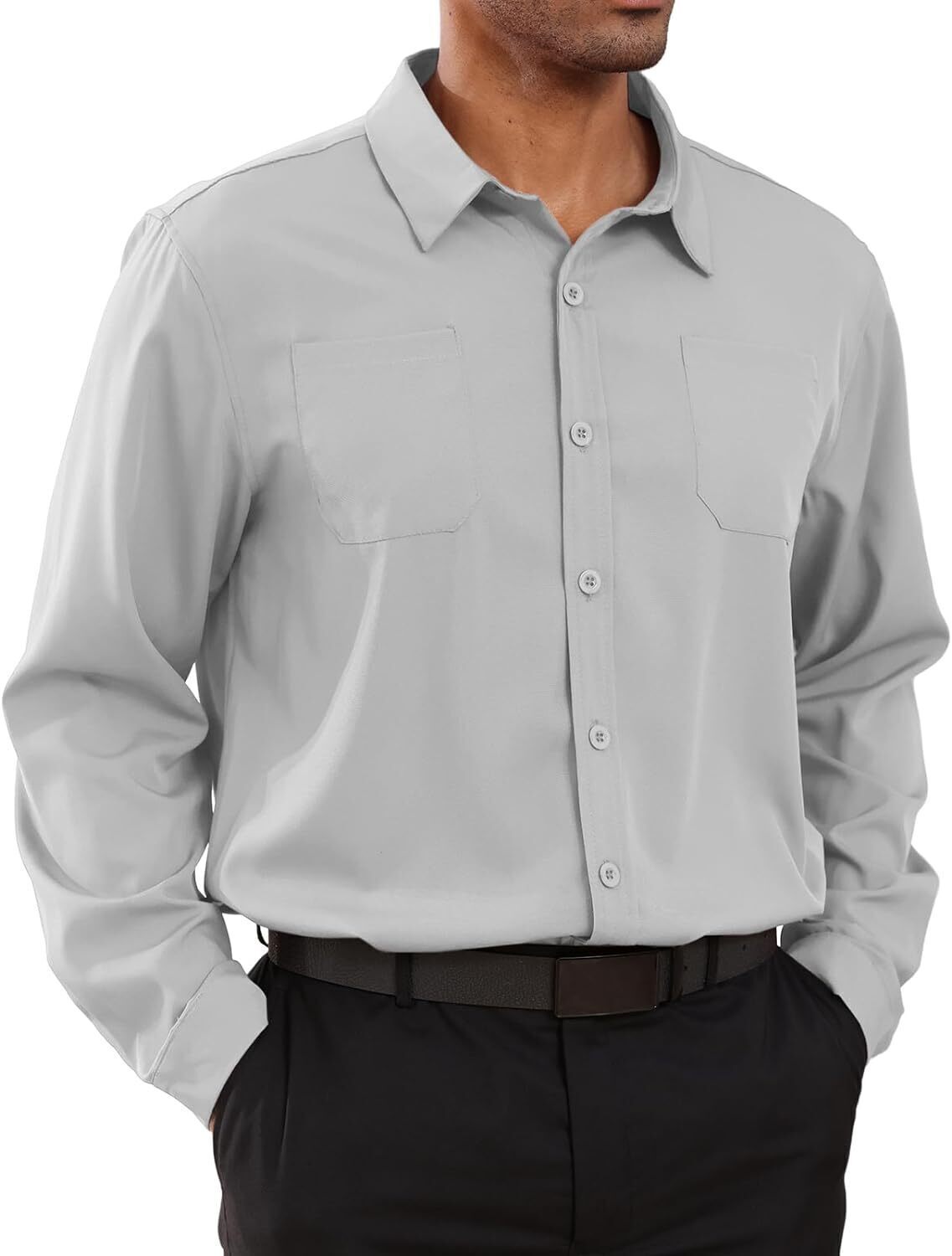 8-park Mens Fashion Dress Shirts Solid Color Long Sleeve Regular Fit Casual Button Down Shirts with Two Chest Pockets