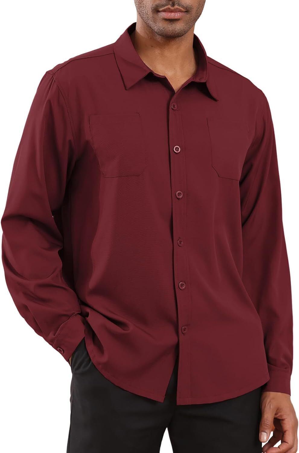 8-park Mens Fashion Dress Shirts Solid Color Long Sleeve Regular Fit Casual Button Down Shirts with Two Chest Pockets