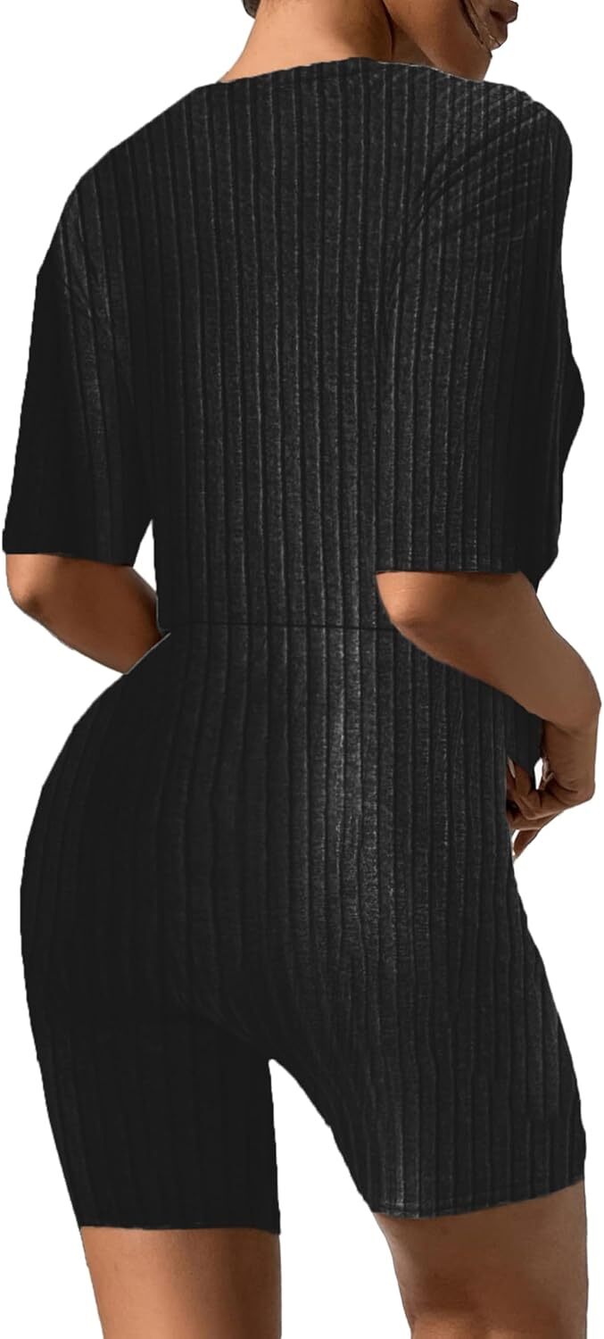 2 Piece Lounge Sets Ribbed Knit Matching Outfits T-shirt Biker Shorts Sleepwear Loungewear Sweatsuits