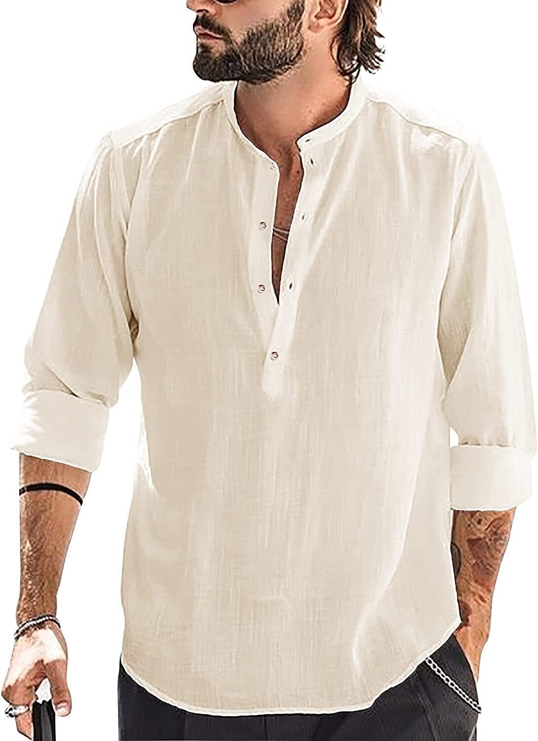 6-Pack Mens Linen Henley Shirt Casual Long Sleeve T-Shirt Summer Beach Plain Tee Tops💖Buy two packs for free shipping💖