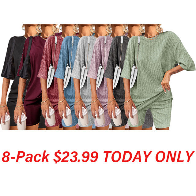 2 Piece Lounge Sets Ribbed Knit Matching Outfits T-shirt Biker Shorts Sleepwear Loungewear Sweatsuits