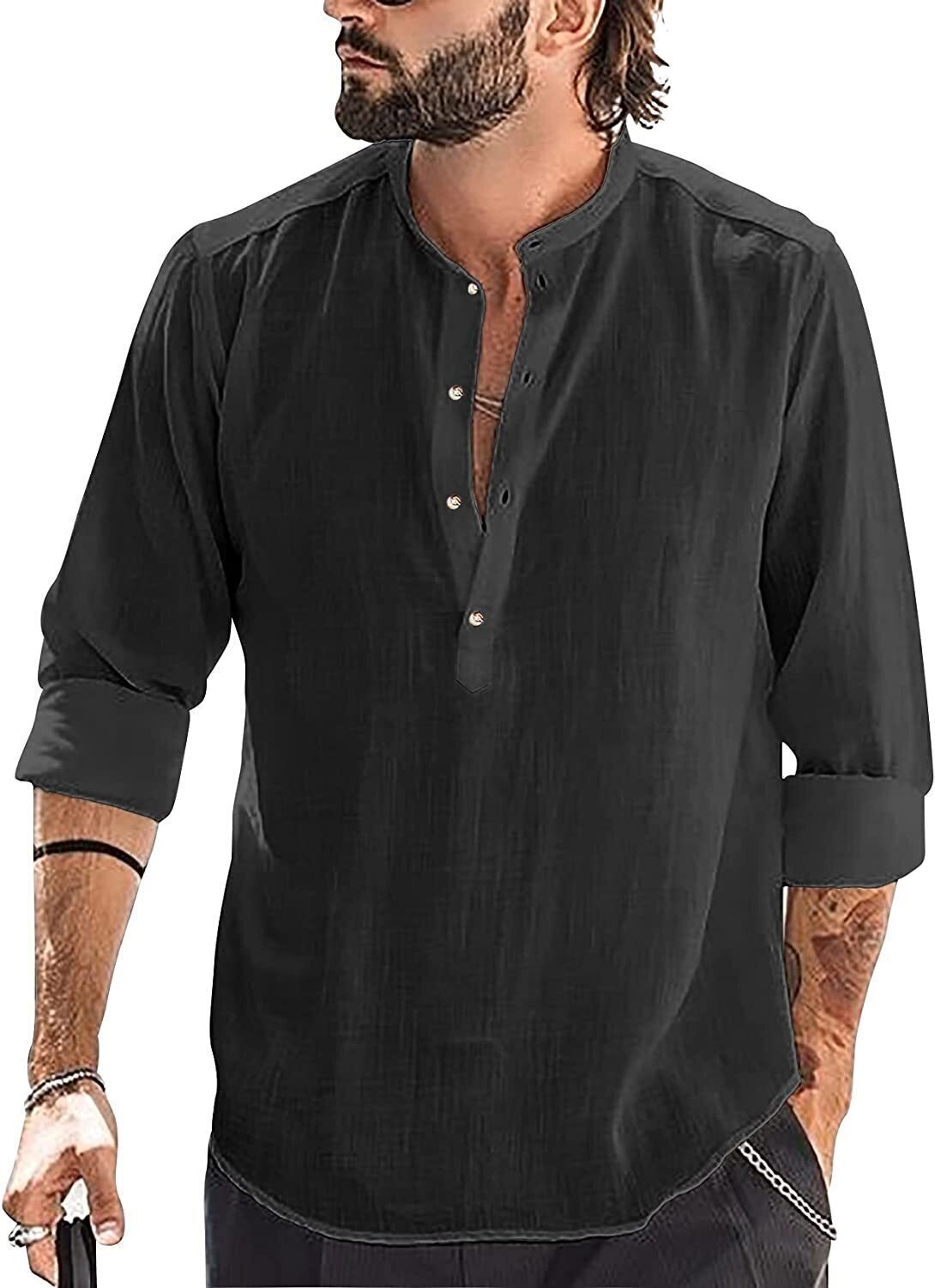 6-Pack Mens Linen Henley Shirt Casual Long Sleeve T-Shirt Summer Beach Plain Tee Tops💖Buy two packs for free shipping💖