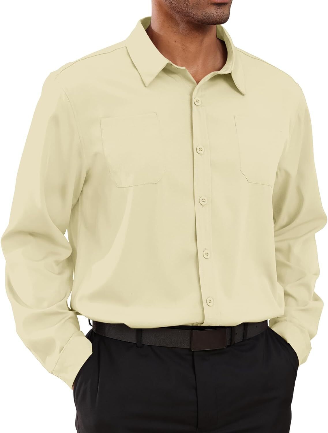 8-park Mens Fashion Dress Shirts Solid Color Long Sleeve Regular Fit Casual Button Down Shirts with Two Chest Pockets