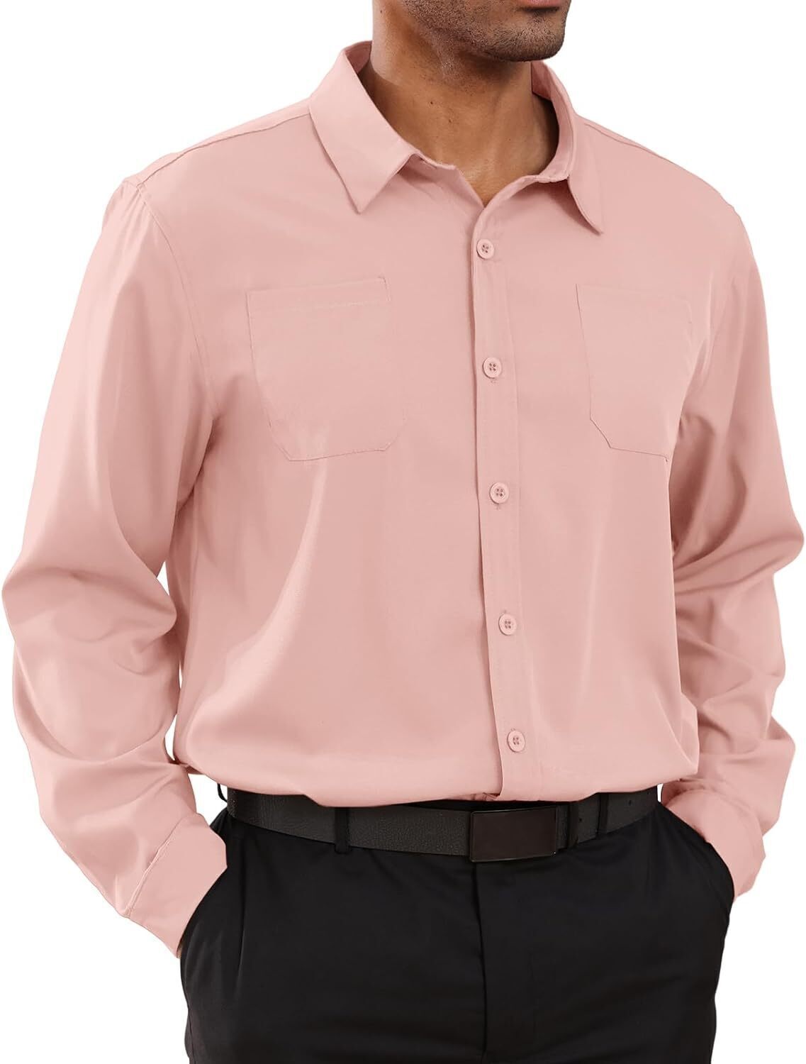 8-park Mens Fashion Dress Shirts Solid Color Long Sleeve Regular Fit Casual Button Down Shirts with Two Chest Pockets