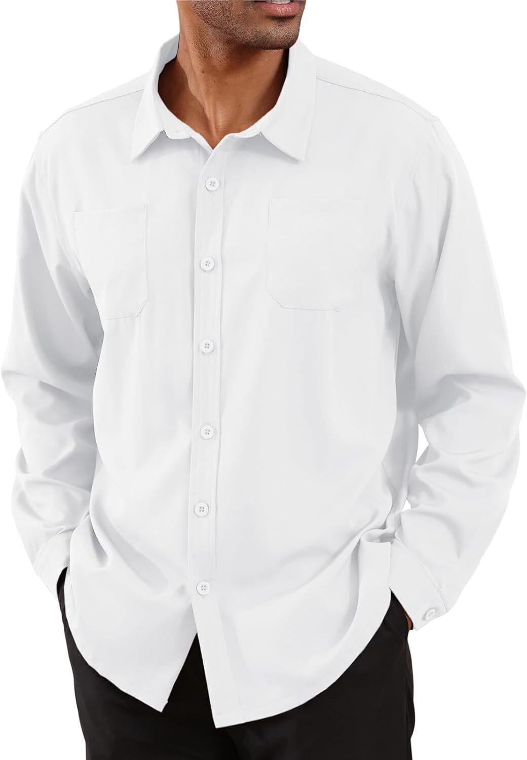 8-park Mens Fashion Dress Shirts Solid Color Long Sleeve Regular Fit Casual Button Down Shirts with Two Chest Pockets