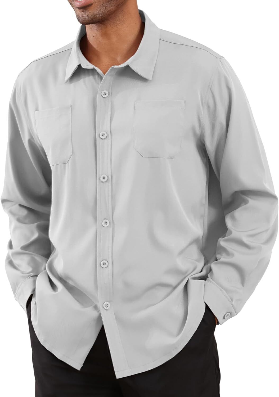 8-park Mens Fashion Dress Shirts Solid Color Long Sleeve Regular Fit Casual Button Down Shirts with Two Chest Pockets