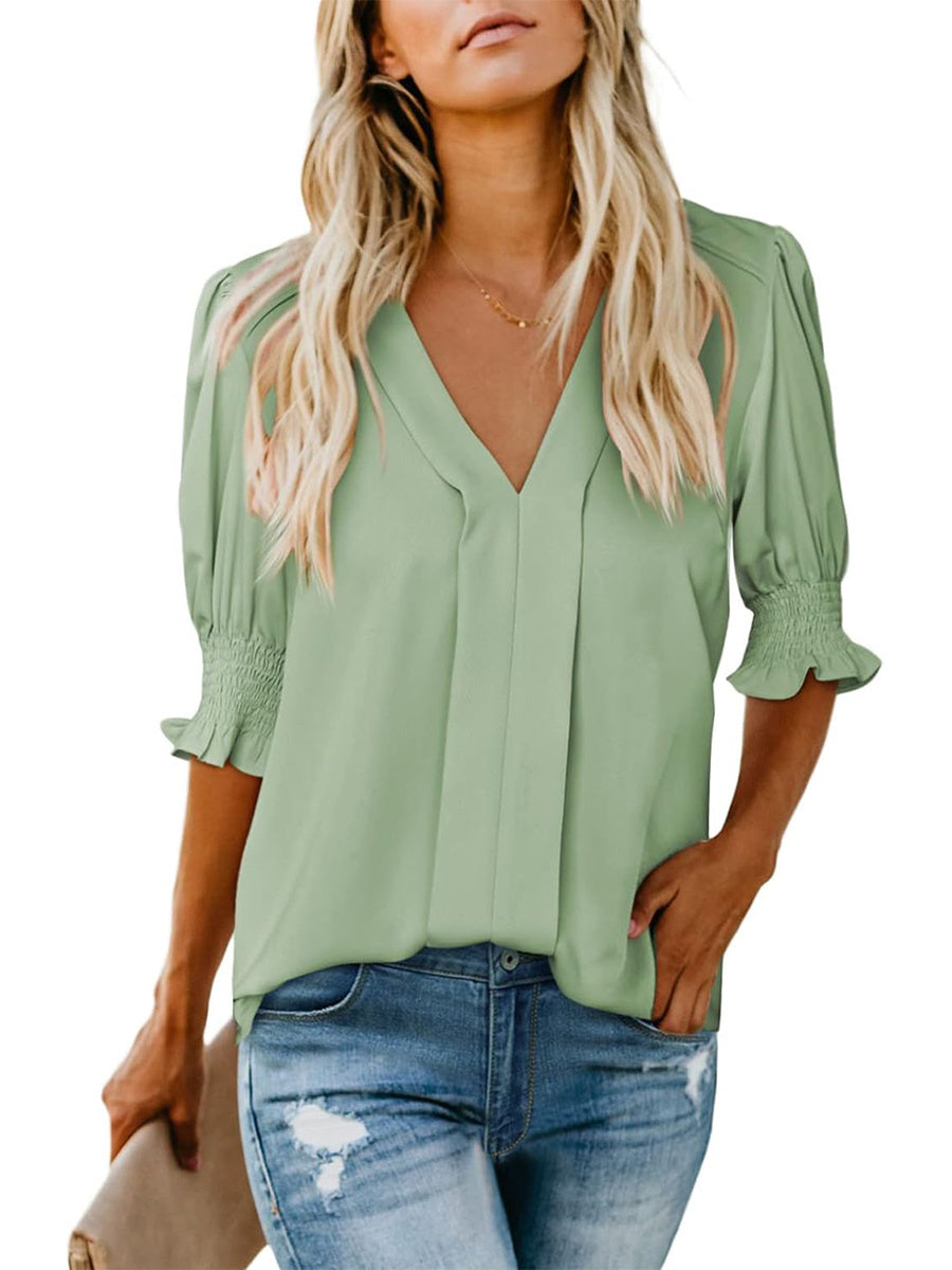 Limited time sale🔥Women's V Neck Dressy Puff Ruffle Blouse Casual Short Sleeve Tops(BUY 2 FREE SHIPPING)
