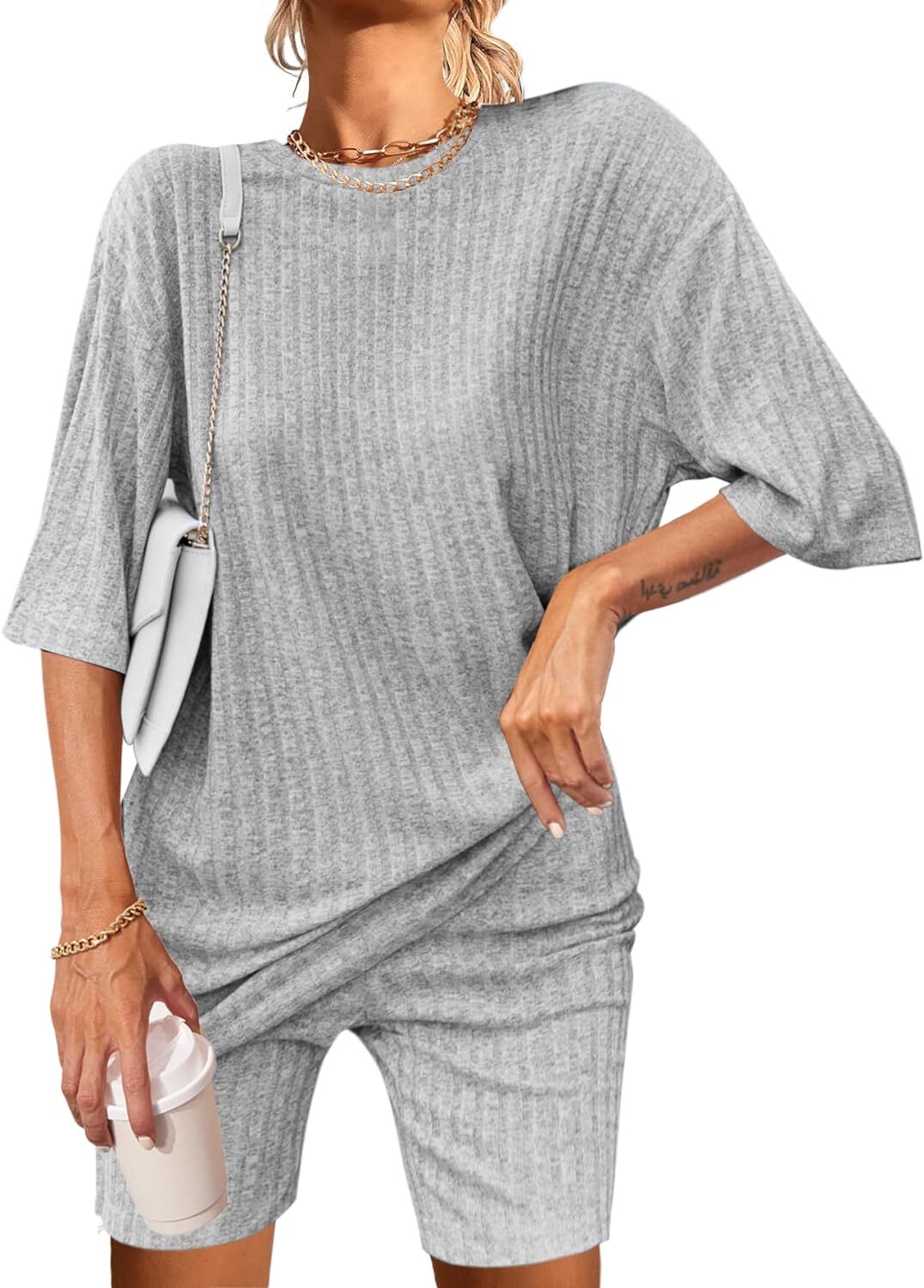 2 Piece Lounge Sets Ribbed Knit Matching Outfits T-shirt Biker Shorts Sleepwear Loungewear Sweatsuits