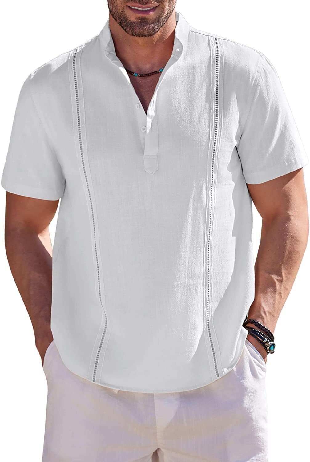 8-Pack Men's Cotton Linen Henley Shirt Short Sleeve Cuban Shirt Hippie Casual Beach Band Collar T Shirts💖Buy two packs for free shipping💖