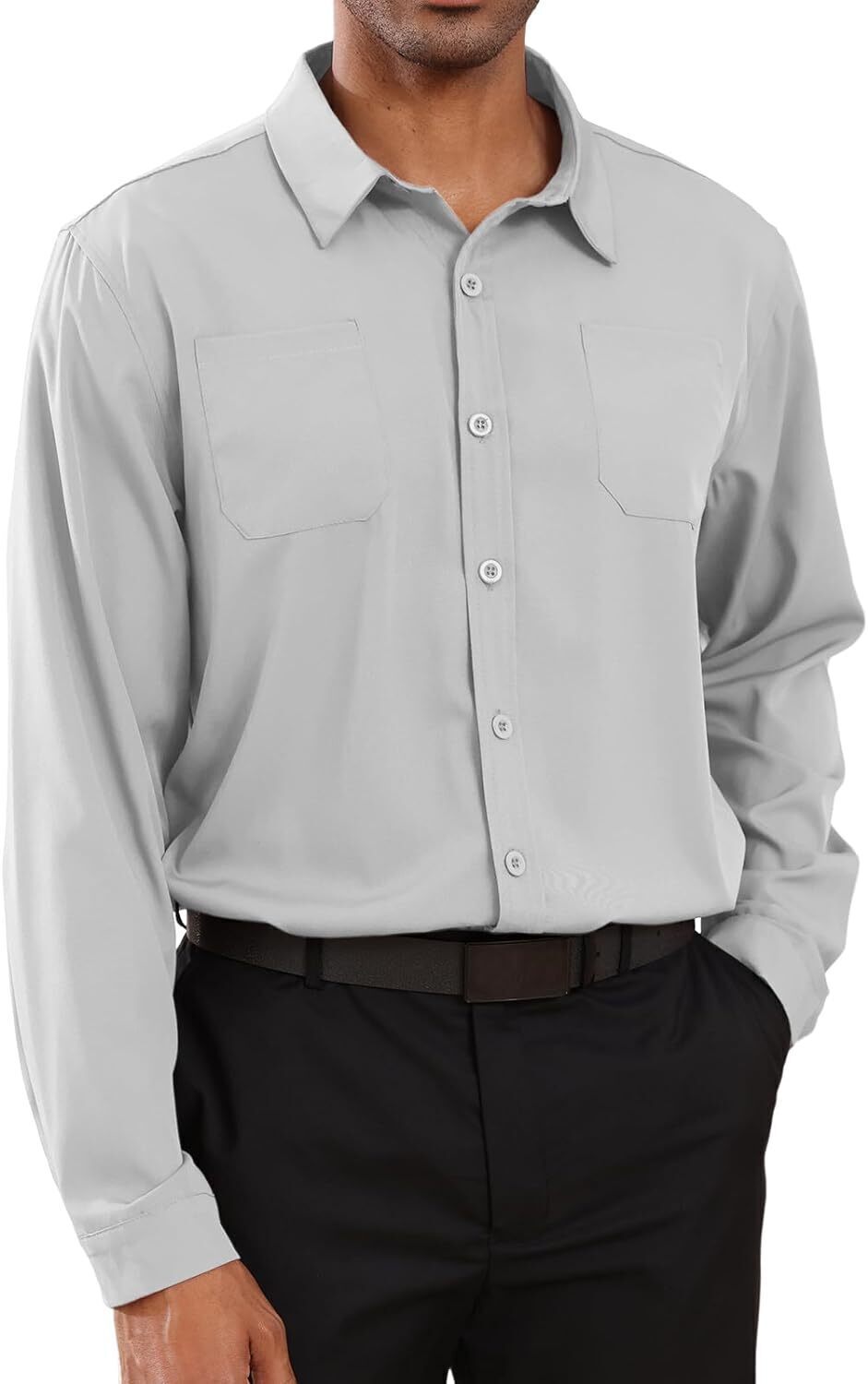 8-park Mens Fashion Dress Shirts Solid Color Long Sleeve Regular Fit Casual Button Down Shirts with Two Chest Pockets