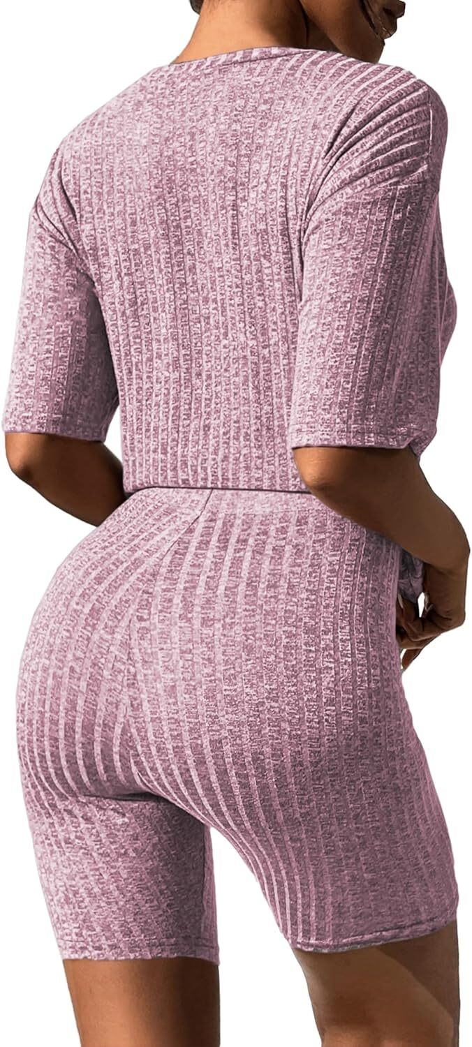 2 Piece Lounge Sets Ribbed Knit Matching Outfits T-shirt Biker Shorts Sleepwear Loungewear Sweatsuits