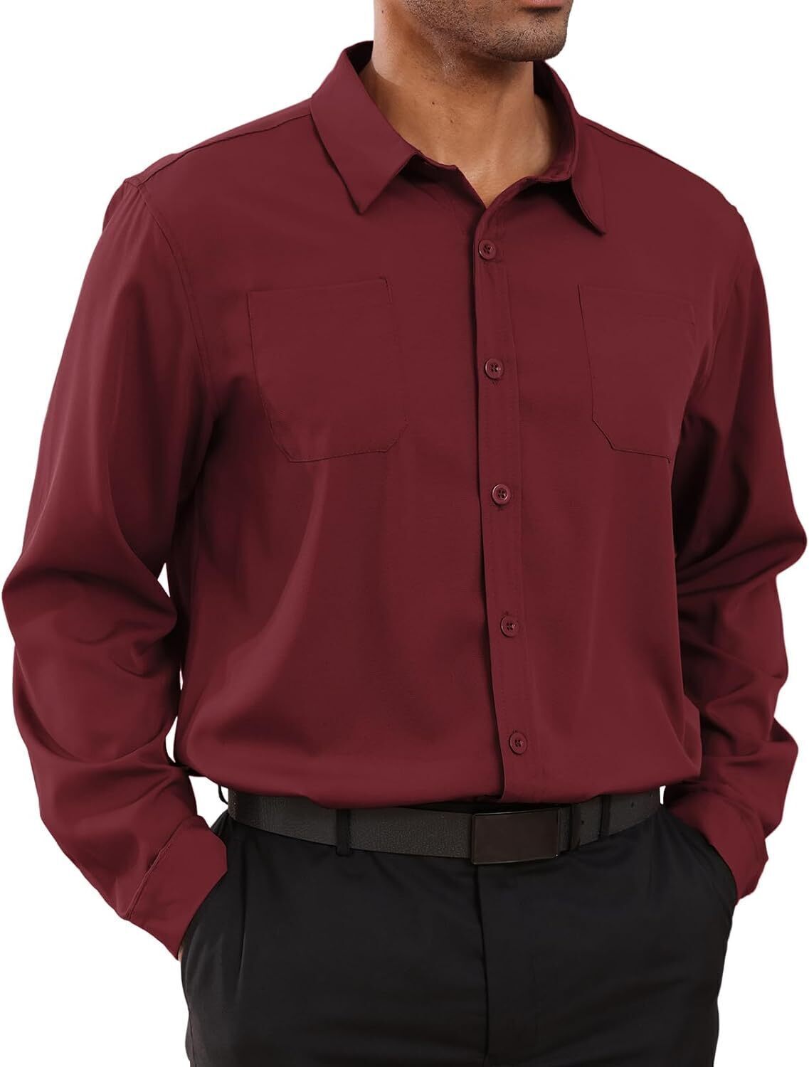 8-park Mens Fashion Dress Shirts Solid Color Long Sleeve Regular Fit Casual Button Down Shirts with Two Chest Pockets
