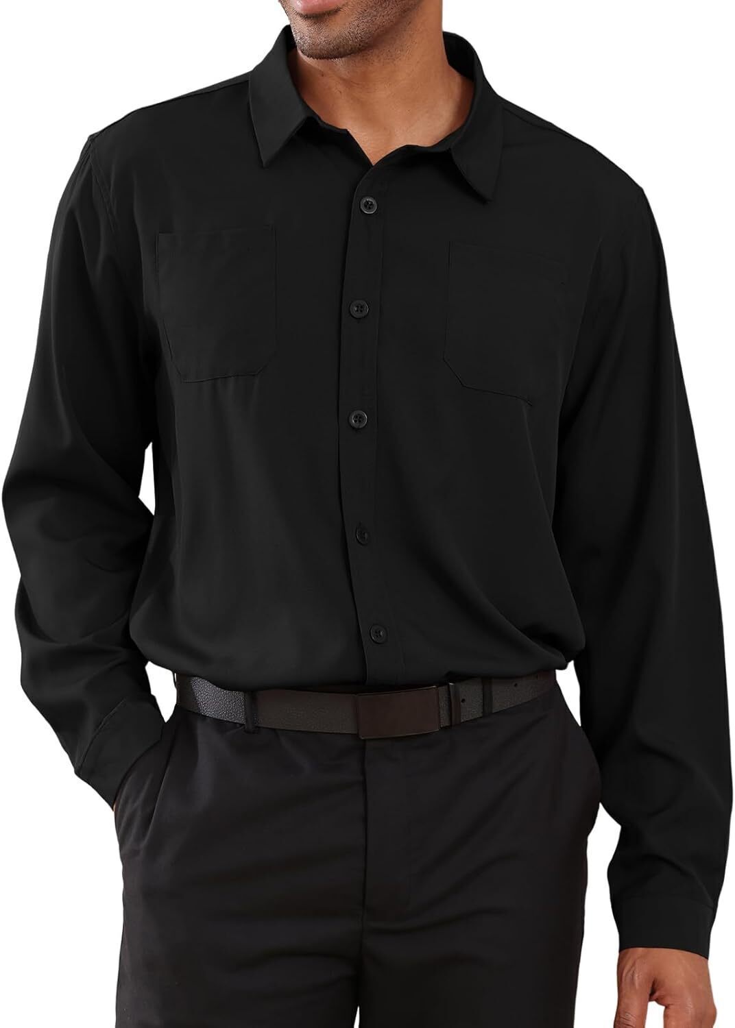8-park Mens Fashion Dress Shirts Solid Color Long Sleeve Regular Fit Casual Button Down Shirts with Two Chest Pockets