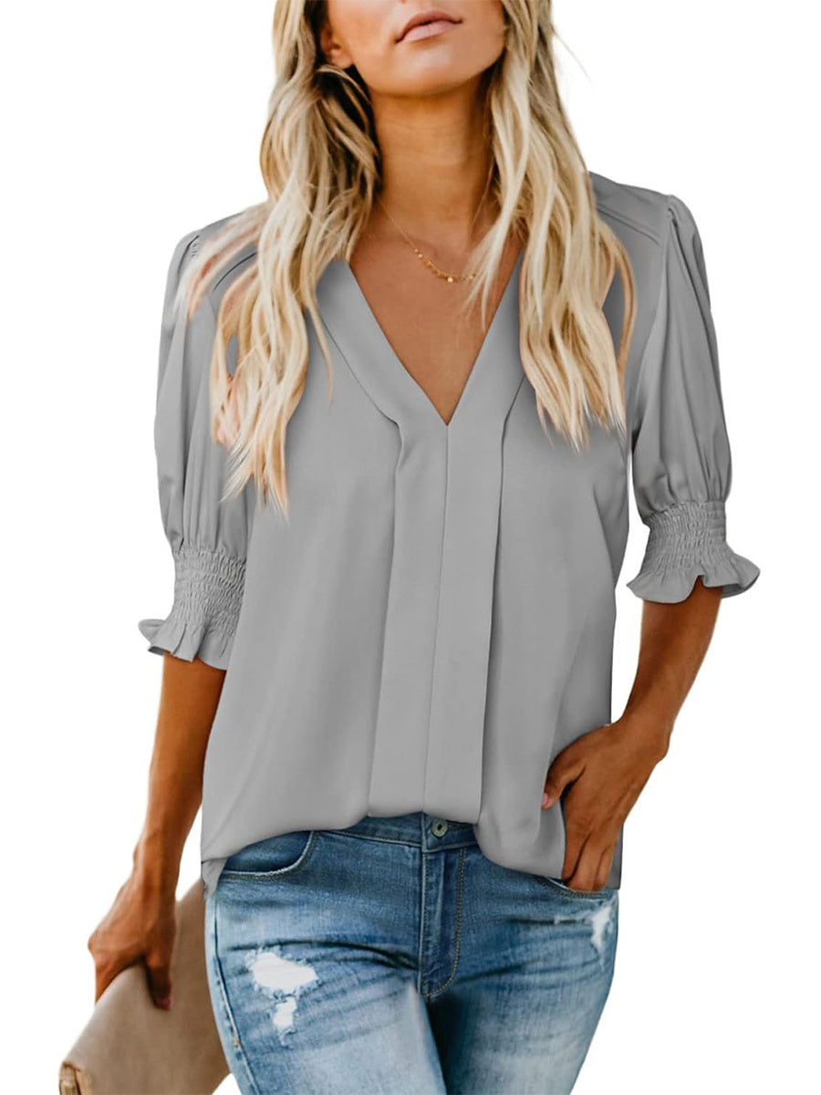 Limited time sale🔥Women's V Neck Dressy Puff Ruffle Blouse Casual Short Sleeve Tops(BUY 2 FREE SHIPPING)