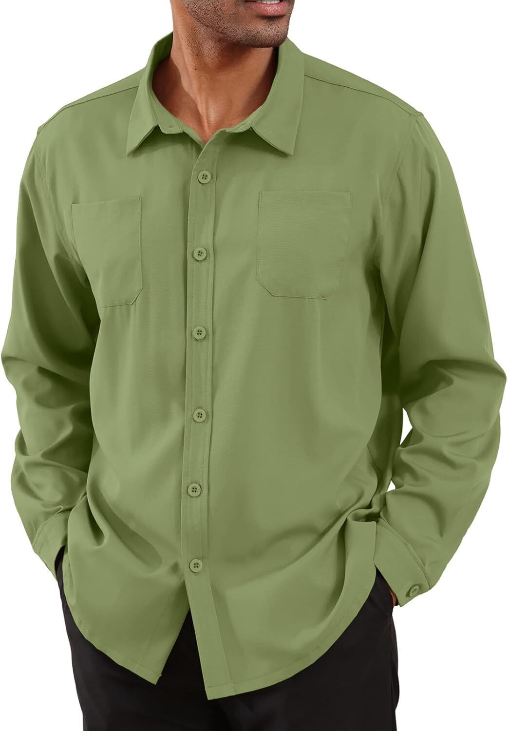8-park Mens Fashion Dress Shirts Solid Color Long Sleeve Regular Fit Casual Button Down Shirts with Two Chest Pockets
