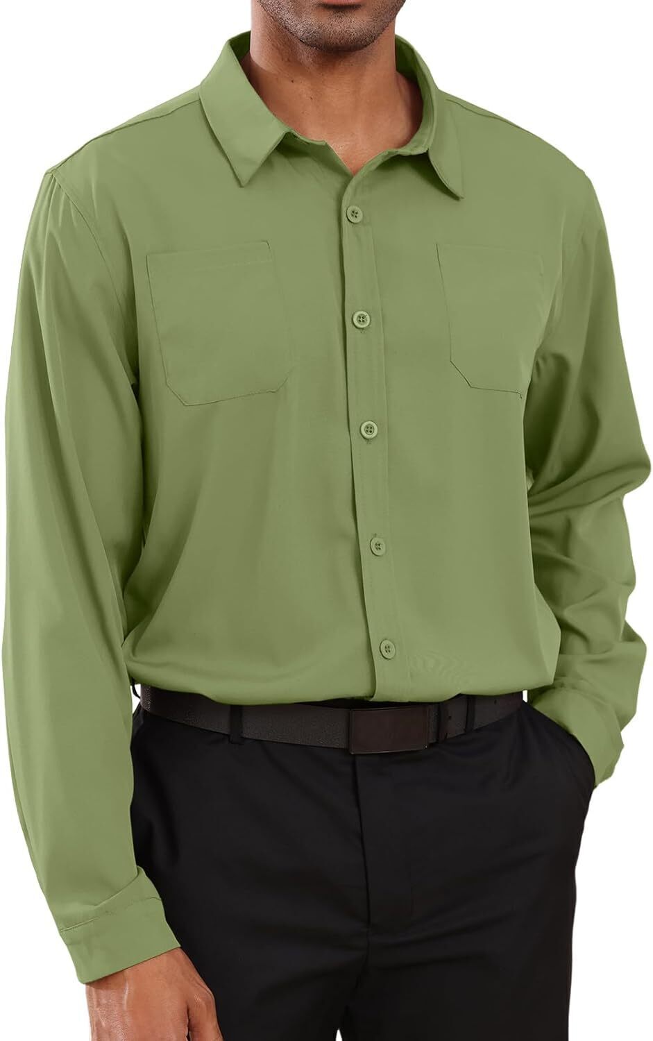 8-park Mens Fashion Dress Shirts Solid Color Long Sleeve Regular Fit Casual Button Down Shirts with Two Chest Pockets