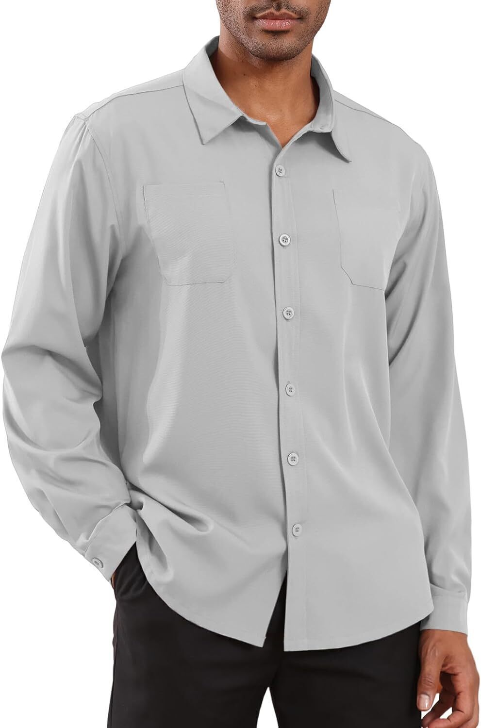 8-park Mens Fashion Dress Shirts Solid Color Long Sleeve Regular Fit Casual Button Down Shirts with Two Chest Pockets