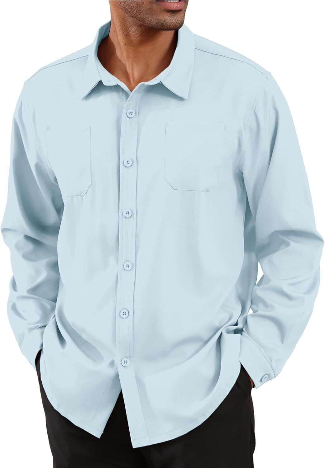 8-park Mens Fashion Dress Shirts Solid Color Long Sleeve Regular Fit Casual Button Down Shirts with Two Chest Pockets