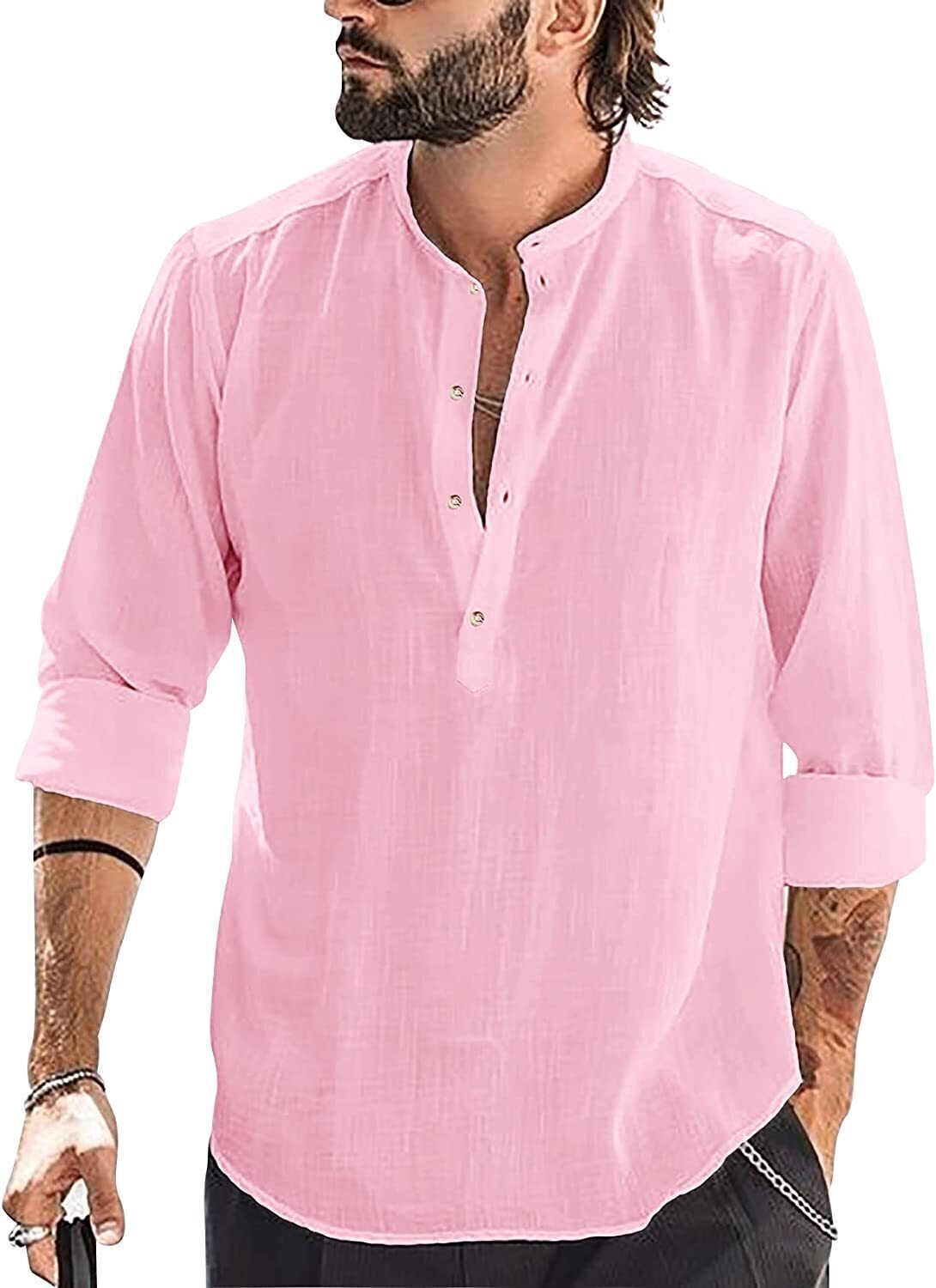 6-Pack Mens Linen Henley Shirt Casual Long Sleeve T-Shirt Summer Beach Plain Tee Tops💖Buy two packs for free shipping💖