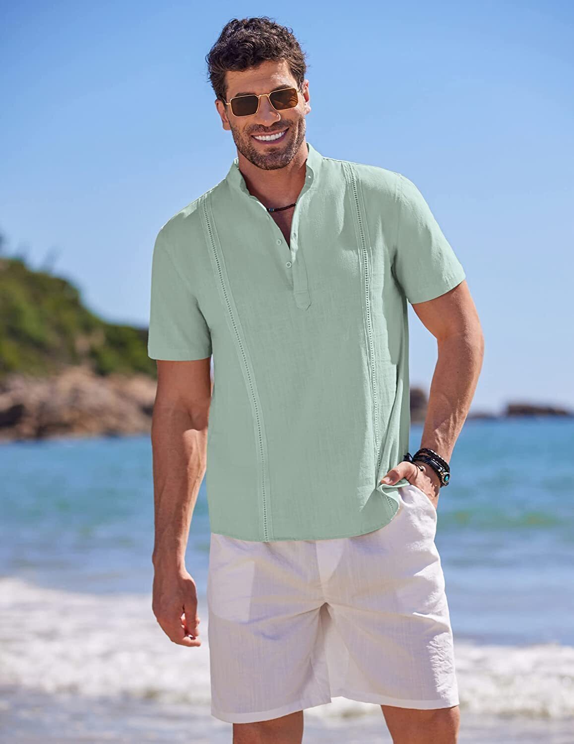 8-Pack Men's Cotton Linen Henley Shirt Short Sleeve Cuban Shirt Hippie Casual Beach Band Collar T Shirts💖Buy two packs for free shipping💖